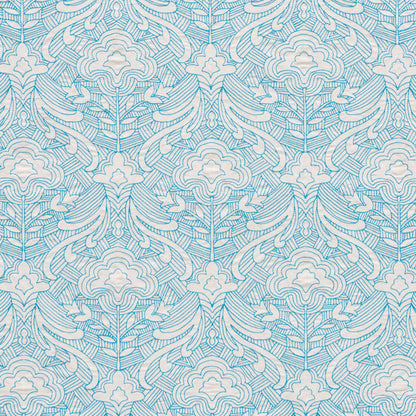 Blue and white damask-style floral wallpaper pattern, seamless repeating decorative motif.