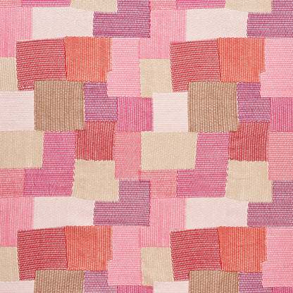 Patchwork woven fabric swatches in pinks, peach, lavender and cream with striped textures and square blocks.