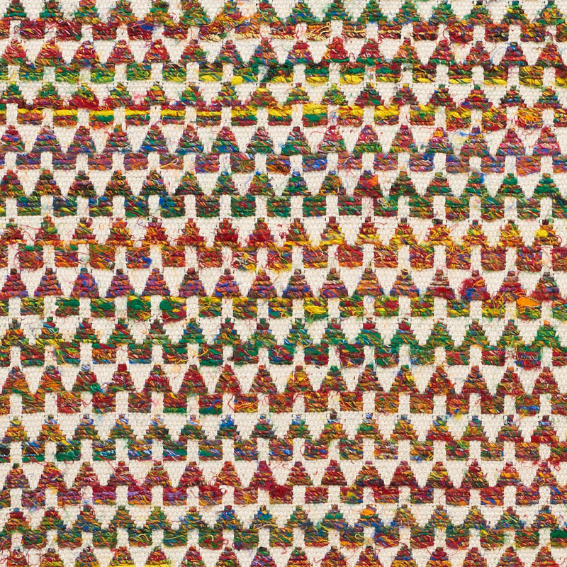 Multicolor woven fabric with repeating small triangles in rainbow hues, forming a chevron geometric pattern.