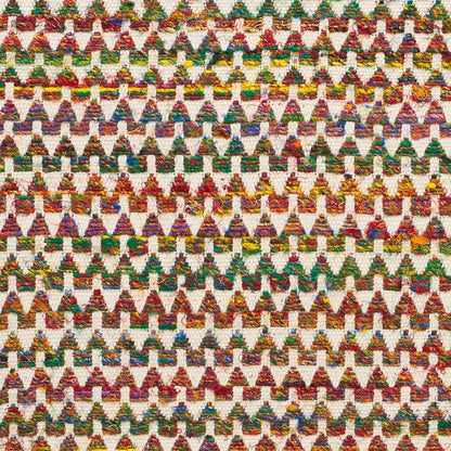 Multicolor woven fabric with repeating small triangles in rainbow hues, forming a chevron geometric pattern.