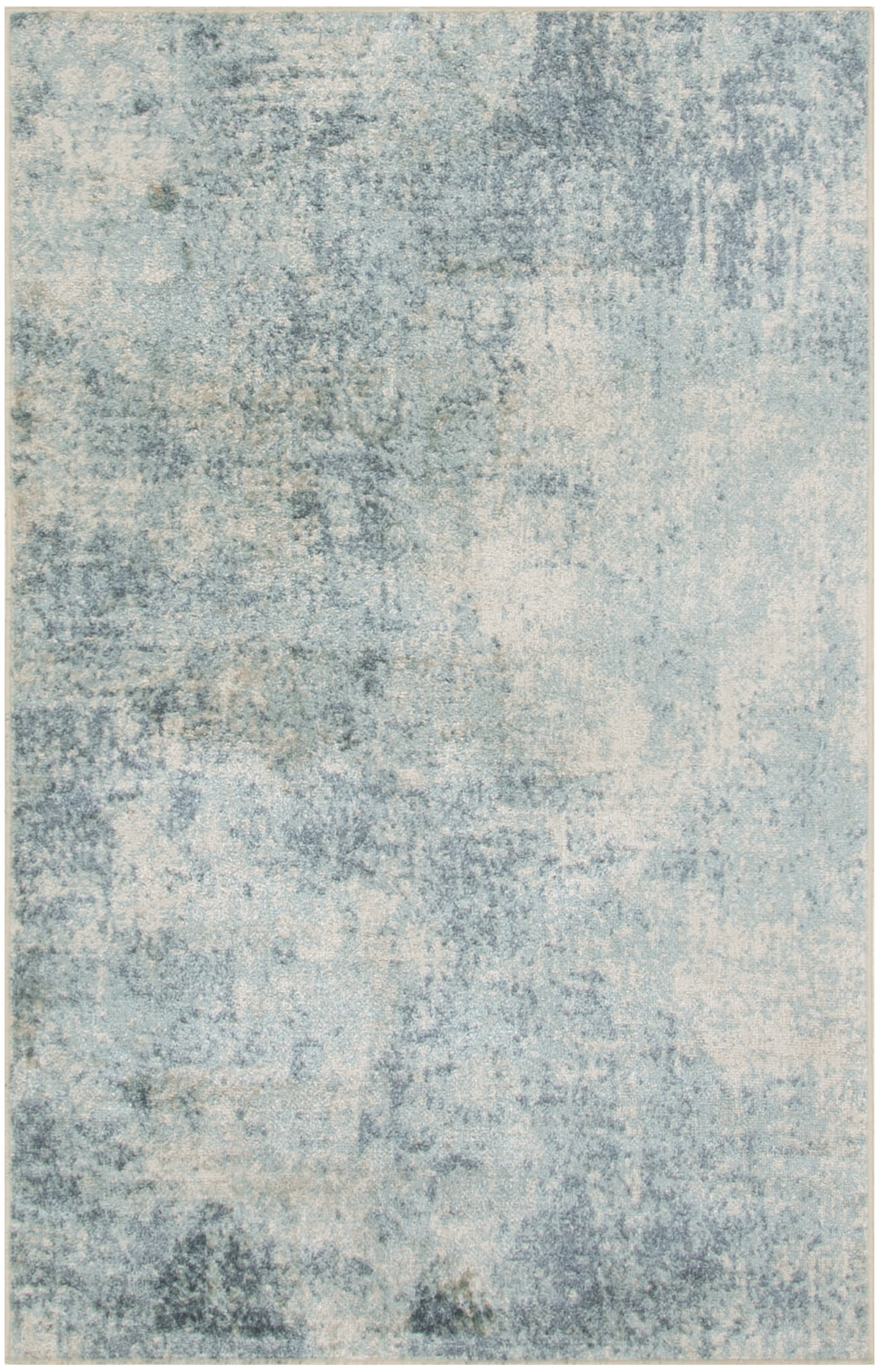 Modern abstract area rug in muted blue & cream with distressed, washed textures.