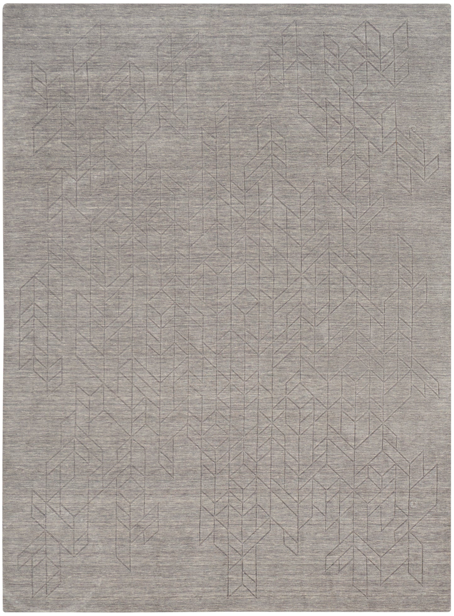 Light gray rug with subtle geometric diamond lattice pattern; soft, textured flat-weave, great for living room decor.