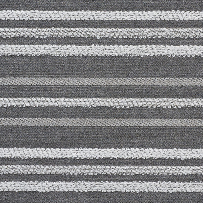 Dark gray fabric with wide white boucle-knit horizontal stripes; cozy textured textile.