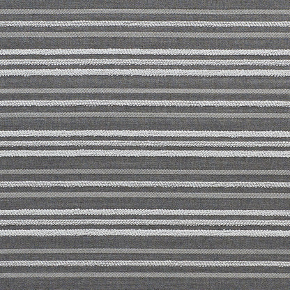 Charcoal gray rug with thin pale gray horizontal stripes and woven texture.