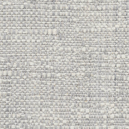 Close-up of gray tweed fabric with a textured woven pattern of light and dark gray yarns.