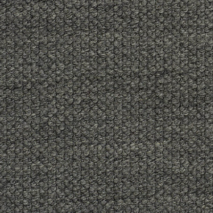 Charcoal grey boucle fabric close-up with tiny looped texture, dense and soft for upholstery or jackets.