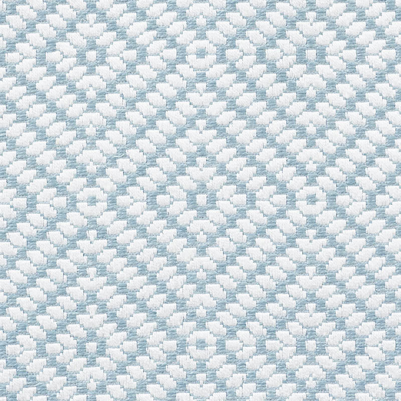 Close-up of pale blue and white woven fabric with a diamond checker pattern.