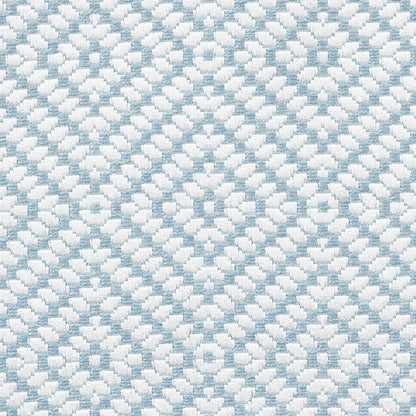 Close-up of pale blue and white woven fabric with a diamond checker pattern.