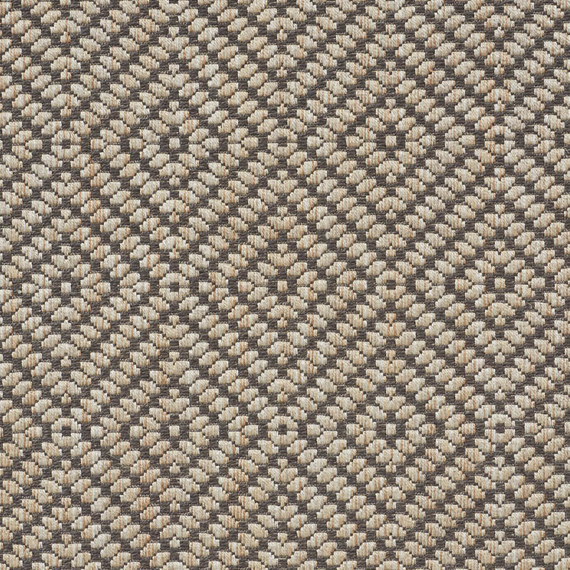 Neutral beige-taupe woven rug with diamond lattice pattern of looped fibers, textured geometric design.