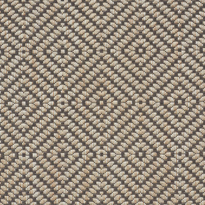 Neutral beige-taupe woven rug with diamond lattice pattern of looped fibers, textured geometric design.