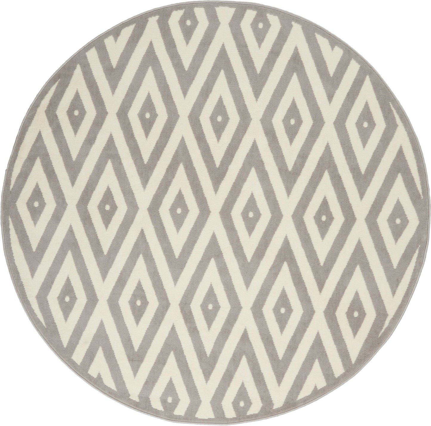 Round rug featuring a gray and ivory diamond lattice geometric pattern.