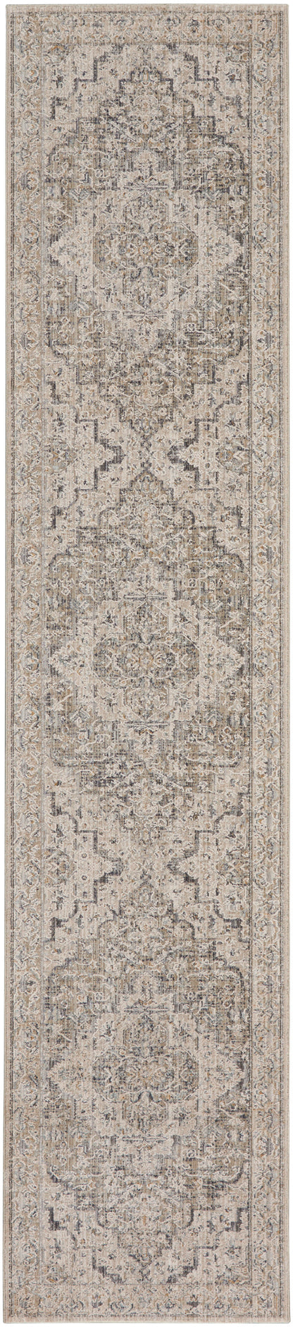 Neutral-toned distressed oriental runner rug with vintage medallion motifs in beige, gray and taupe.
