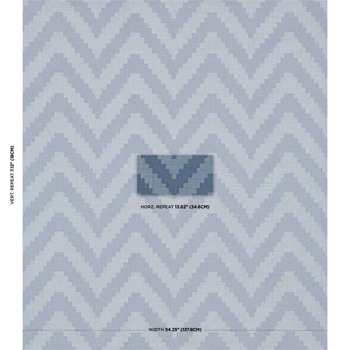 Light blue and gray chevron pattern woven fabric with zigzag repeats; center inset shows a darker blue swatch.