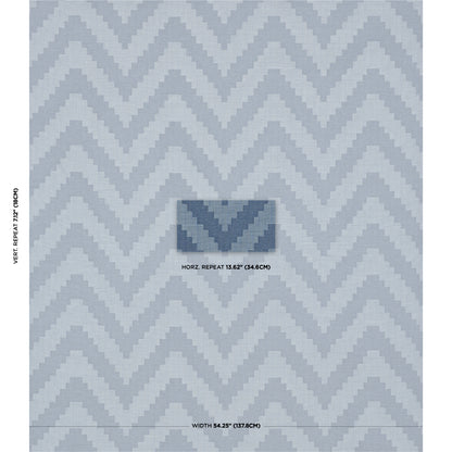 Light blue and gray chevron pattern woven fabric with zigzag repeats; center inset shows a darker blue swatch.