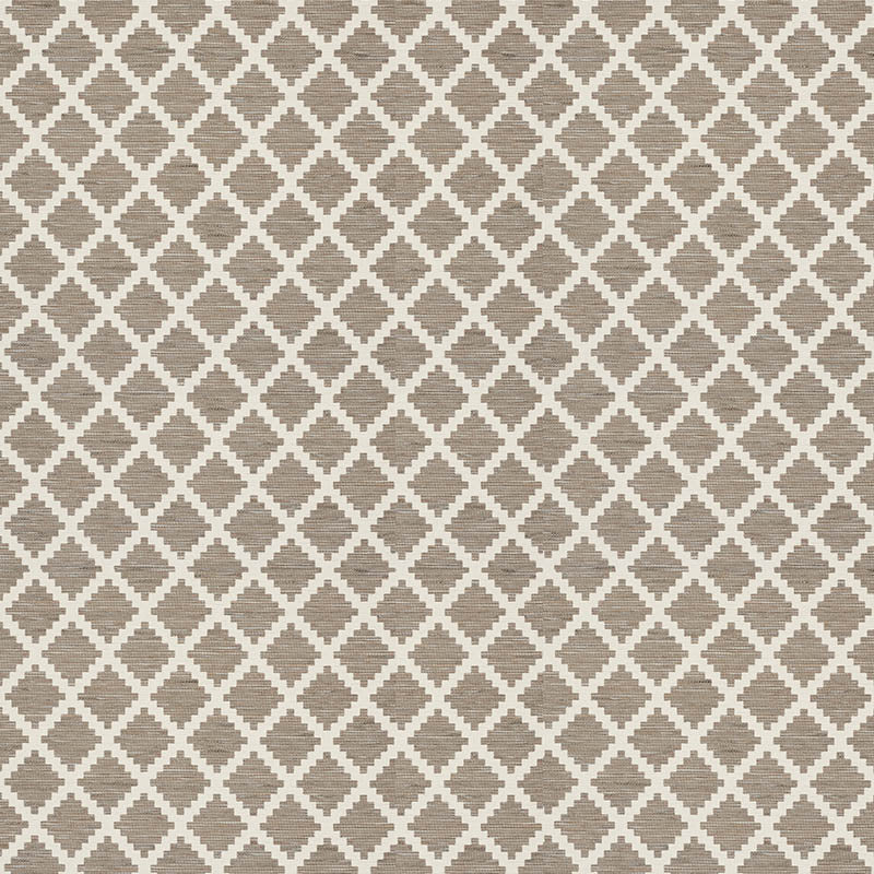 Beige woven fabric with white diamond lattice pattern; neutral decorative textile for rug or wallcovering.