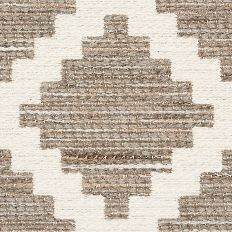 Beige kilim-style rug with taupe stepped diamond medallion and woven texture.