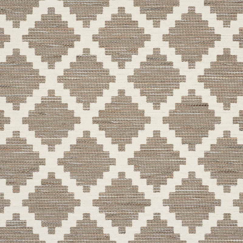 Beige-taupe stepped diamond lattice on off-white woven fabric; Moroccan trellis geometric rug style.