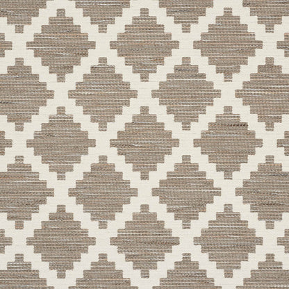 Beige-taupe stepped diamond lattice on off-white woven fabric; Moroccan trellis geometric rug style.