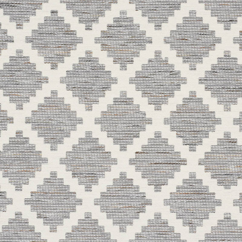 Geometric gray diamond pattern rug with textured woven stripes on a white backdrop.