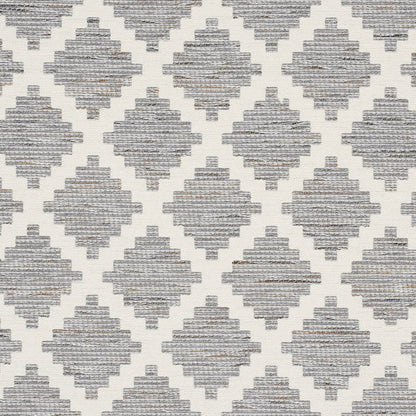 Geometric gray diamond pattern rug with textured woven stripes on a white backdrop.