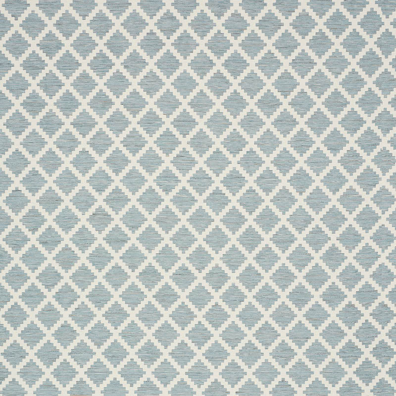 Blue-gray woven fabric with a white diamond lattice trellis pattern.