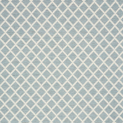 Blue-gray woven fabric with a white diamond lattice trellis pattern.