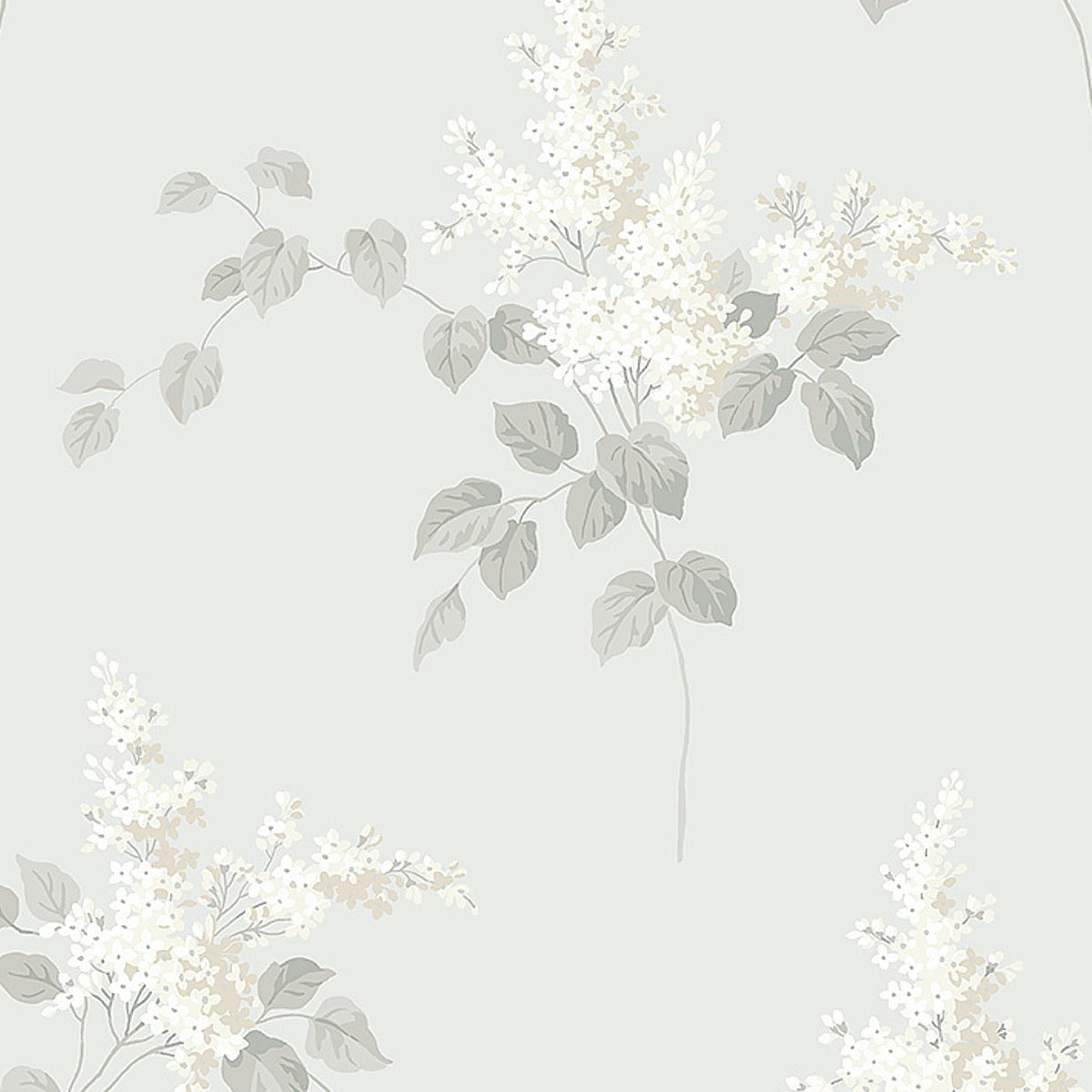 Soft grey wallpaper with delicate white lilac blossoms and muted grey-green leaves.