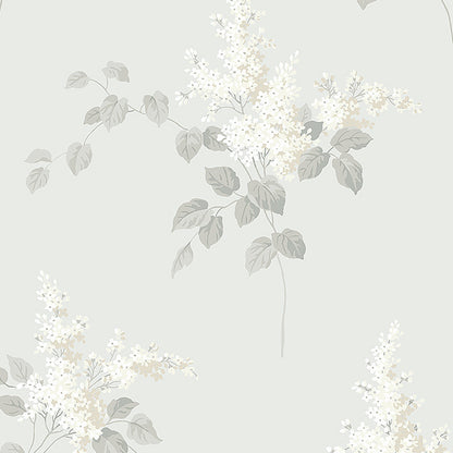 Soft grey wallpaper with delicate white lilac blossoms and muted grey-green leaves.