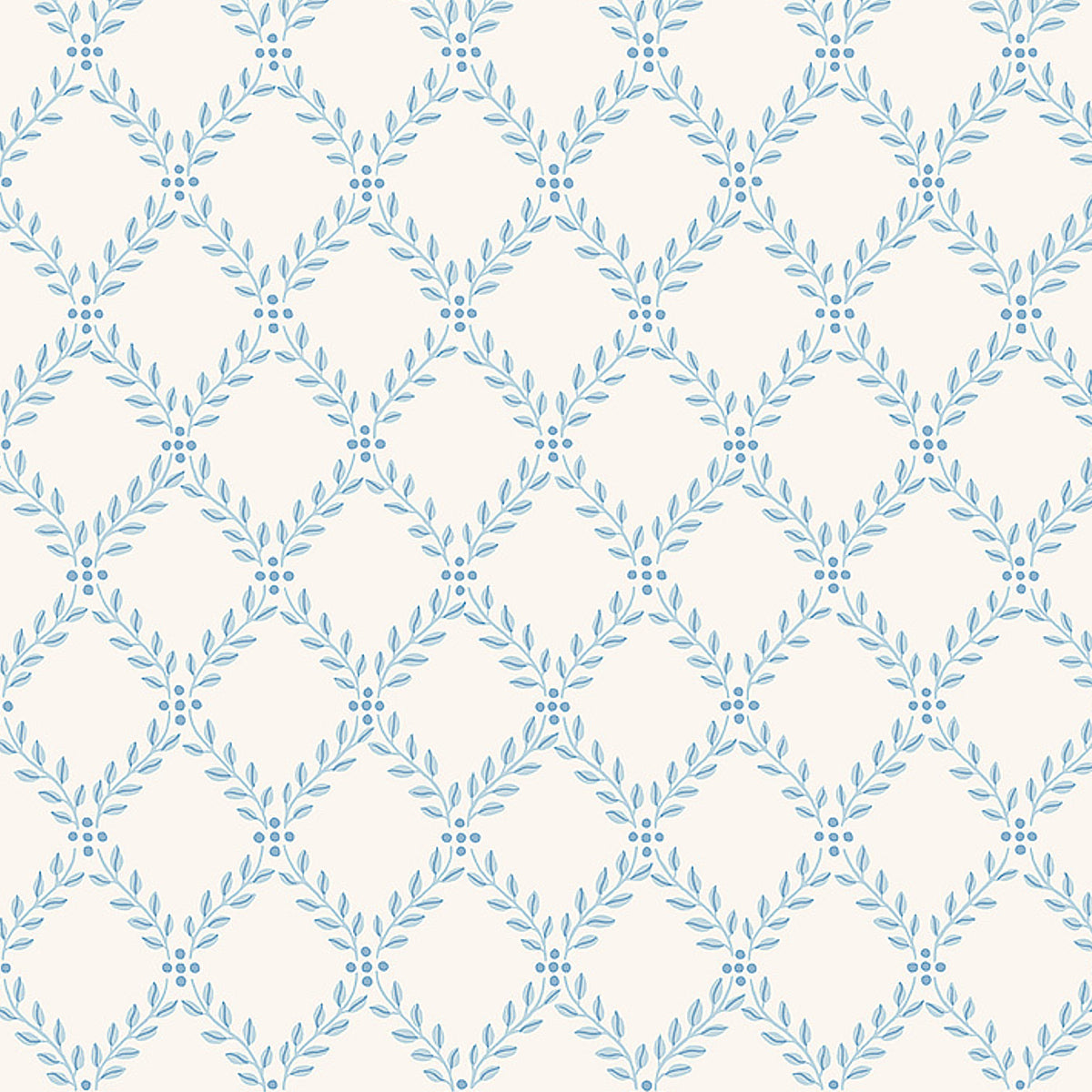 Cream background with repeating light blue leafy lattice forming diamonds; decorative wallpaper or fabric print.