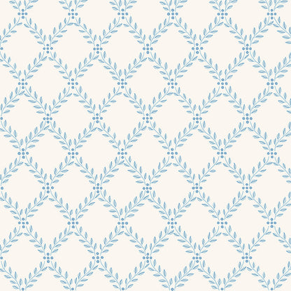 Cream background with repeating light blue leafy lattice forming diamonds; decorative wallpaper or fabric print.