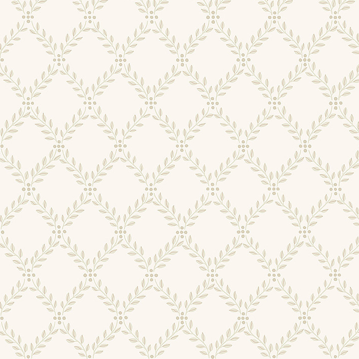 Cream wallpaper with pale olive-green leafy lattice diamonds; decorative vintage-inspired repeating pattern.