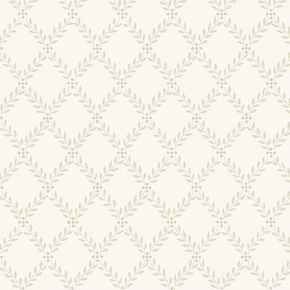 Cream wallpaper with pale olive-green leafy lattice diamonds; decorative vintage-inspired repeating pattern.