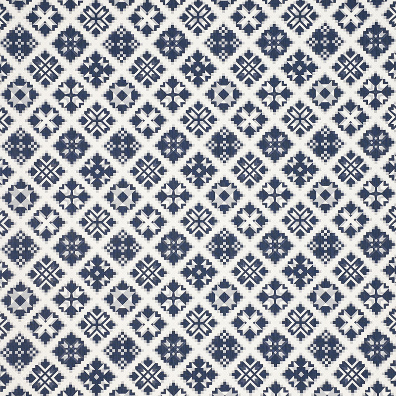 Navy blue geometric tile print with diamond motifs on background; repeating floral-square designs for wallpaper or fabric.