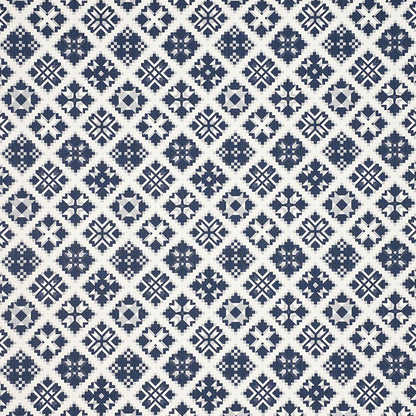 Navy blue geometric tile print with diamond motifs on background; repeating floral-square designs for wallpaper or fabric.