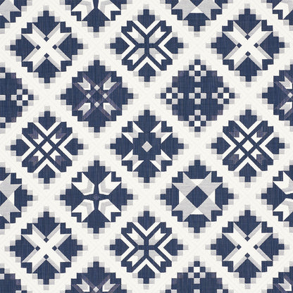 Navy blue & white geometric tile pattern with diamonds, crosses & star motifs in a repeating grid.