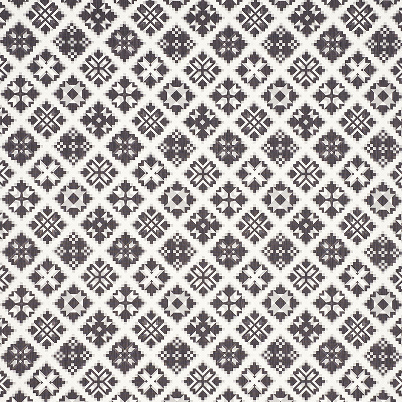 Monochrome black and white geometric tile pattern with repeating diamond motifs in a grid.