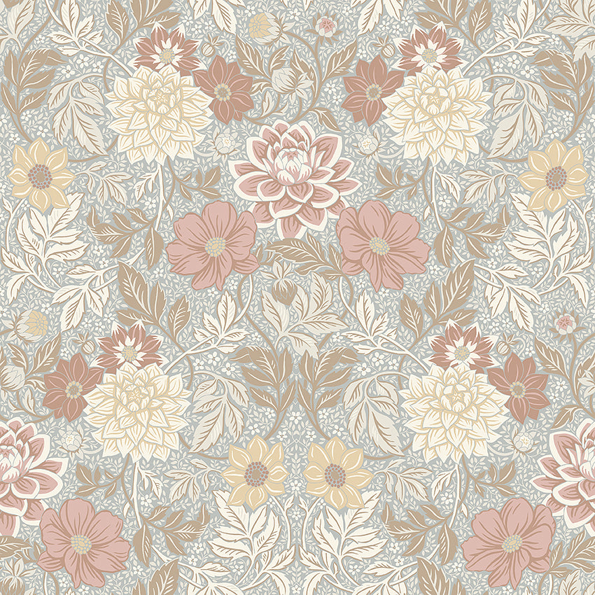 Pastel floral wallpaper pattern with pink, cream, and pale yellow flowers and beige leaves on a light blue background.