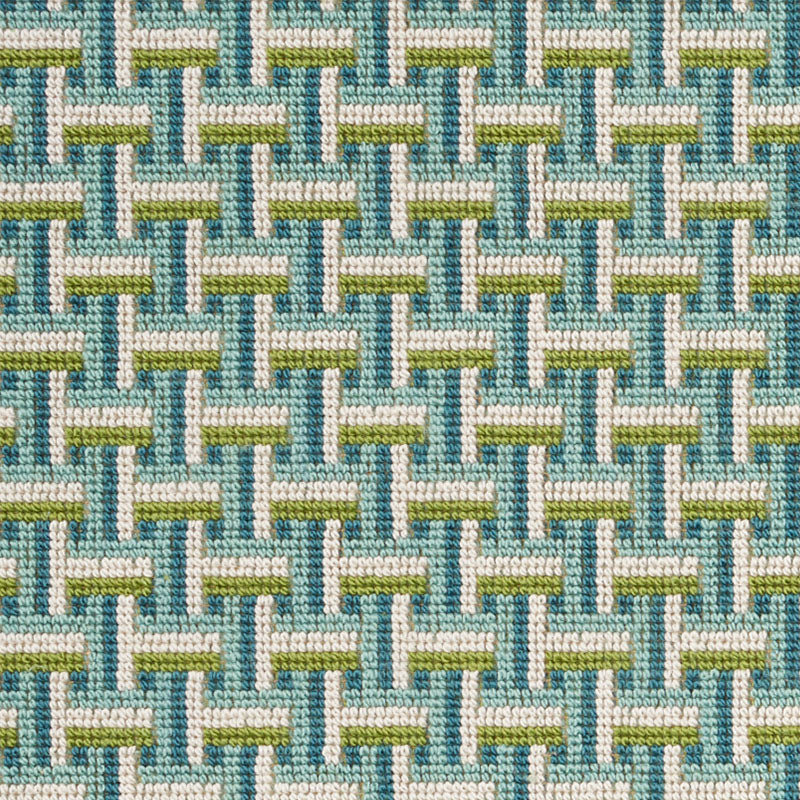 Teal and lime-green woven basket-weave fabric pattern with white accents.