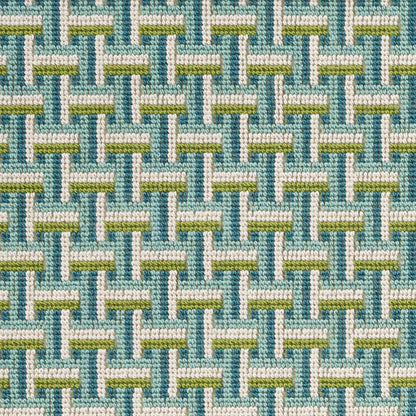 Teal and lime-green woven basket-weave fabric pattern with white accents.