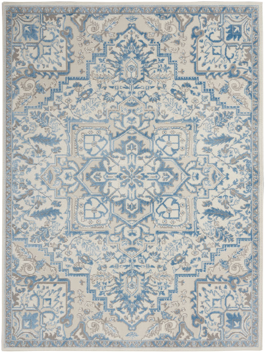 Blue & cream ornate area rug with central medallion and intricate floral border; traditional Persian-inspired design.