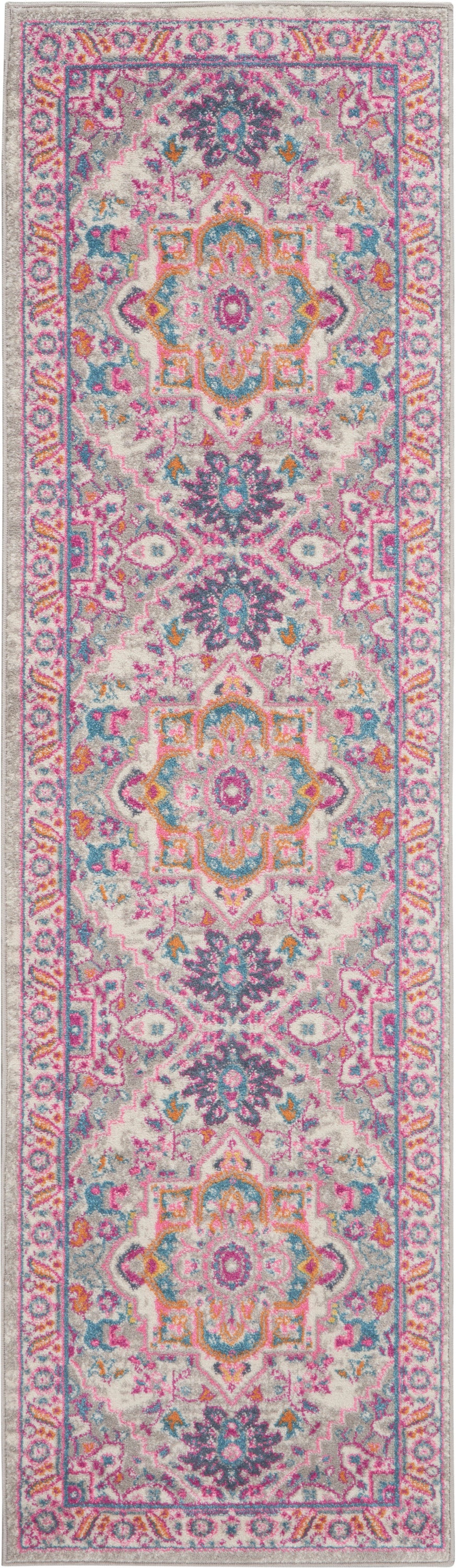 Persian-inspired oriental runner rug in ivory with pink, teal, and orange medallions and floral borders.