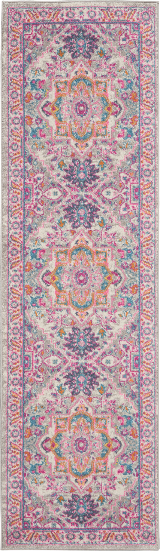 Persian-inspired oriental runner rug in ivory with pink, teal, and orange medallions and floral borders.
