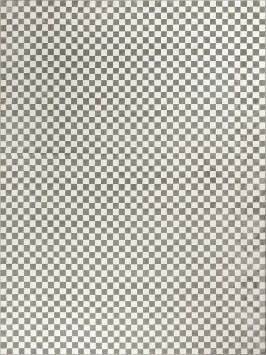Monochrome checkerboard rug pattern of small black and white squares.