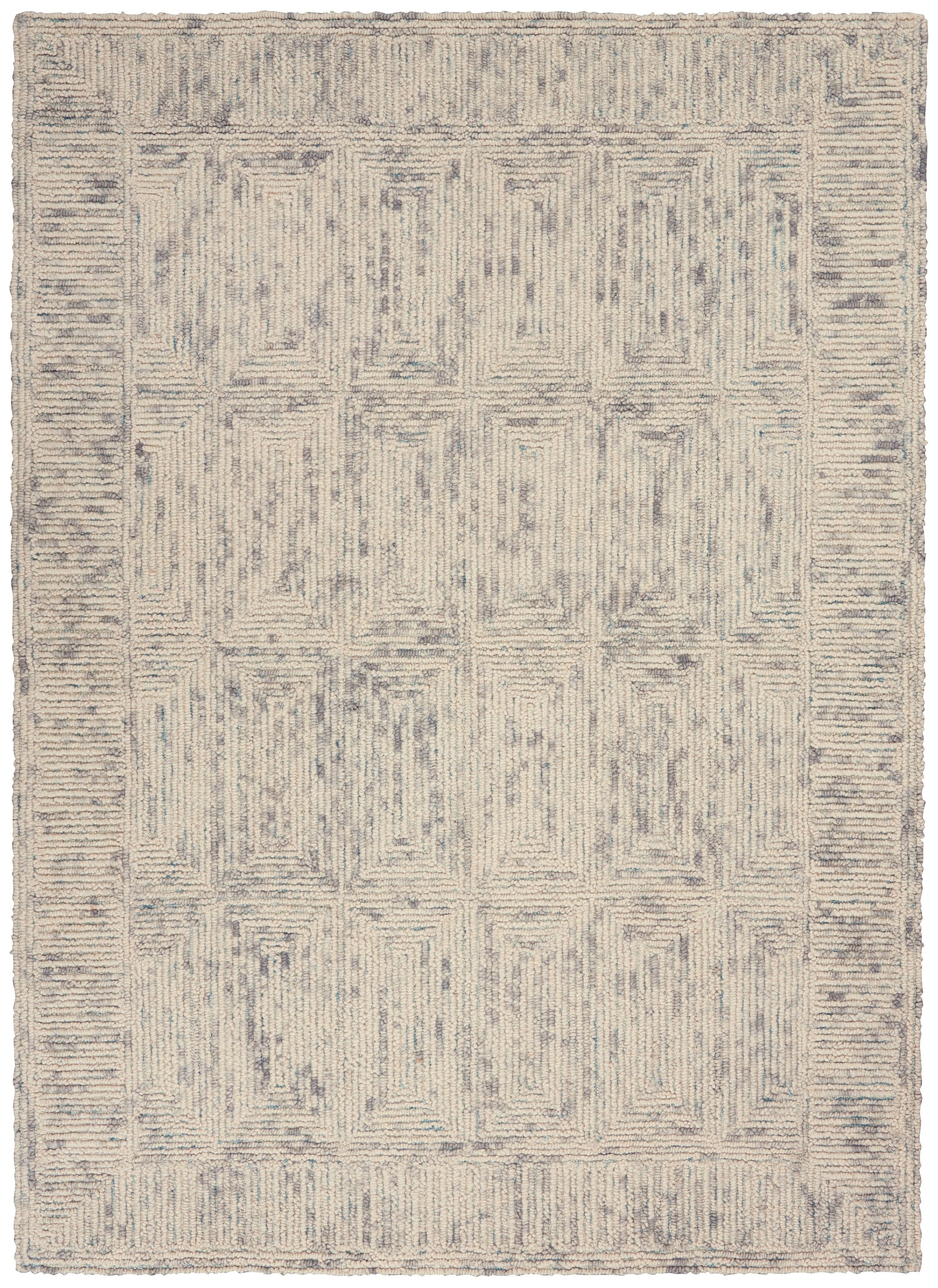 Beige and cream rug with blue-gray geometric pattern of stacked rectangles and border, soft textured pile.