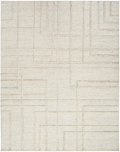 Beige textured area rug with a subtle cream geometric rectangle maze pattern.