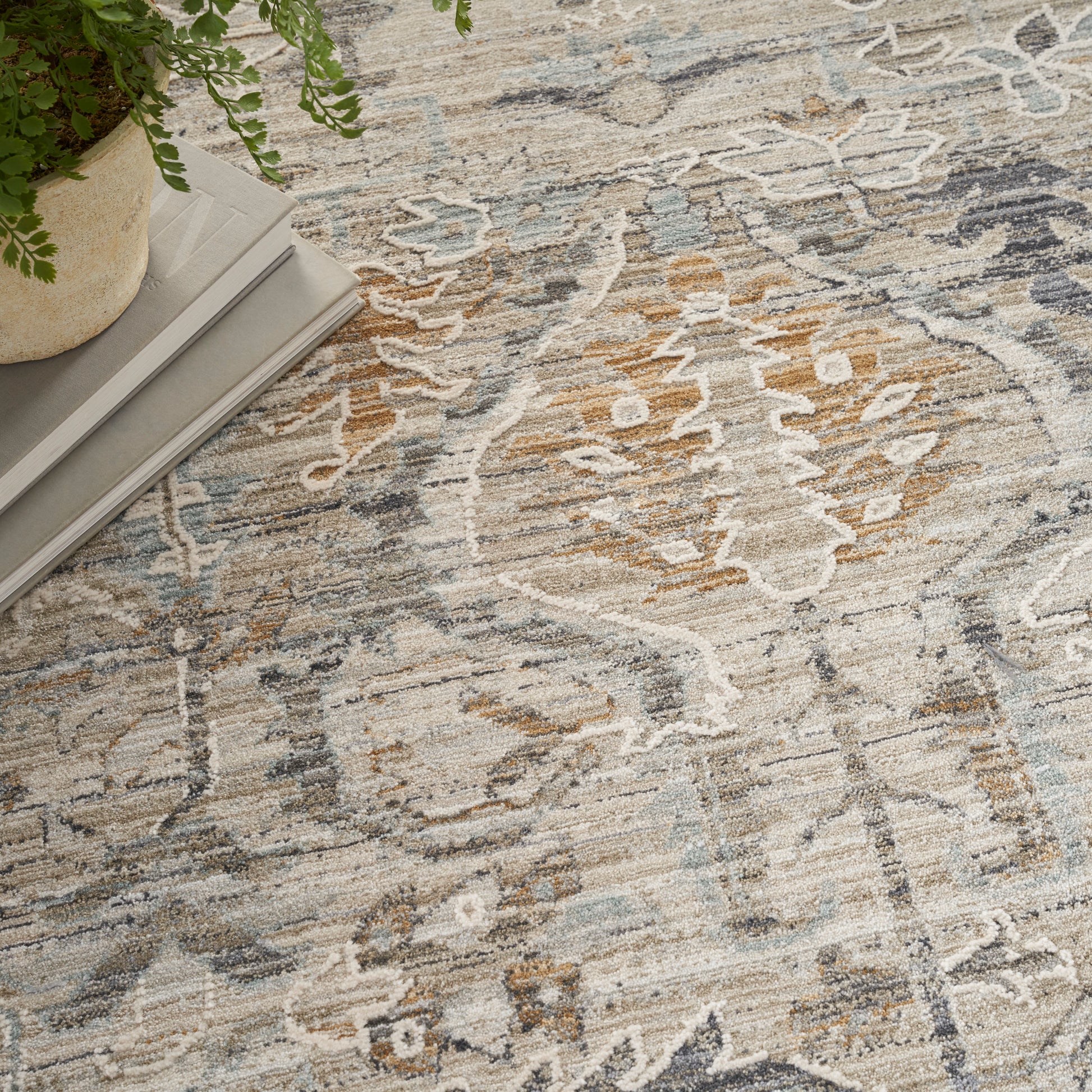 Distressed oriental-style area rug in beige, gray & blue tones with floral pattern; plant & books on edge.