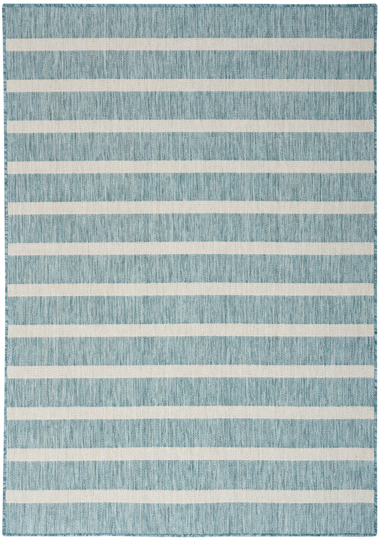 Teal striped rug with cream horizontal bands and woven texture.