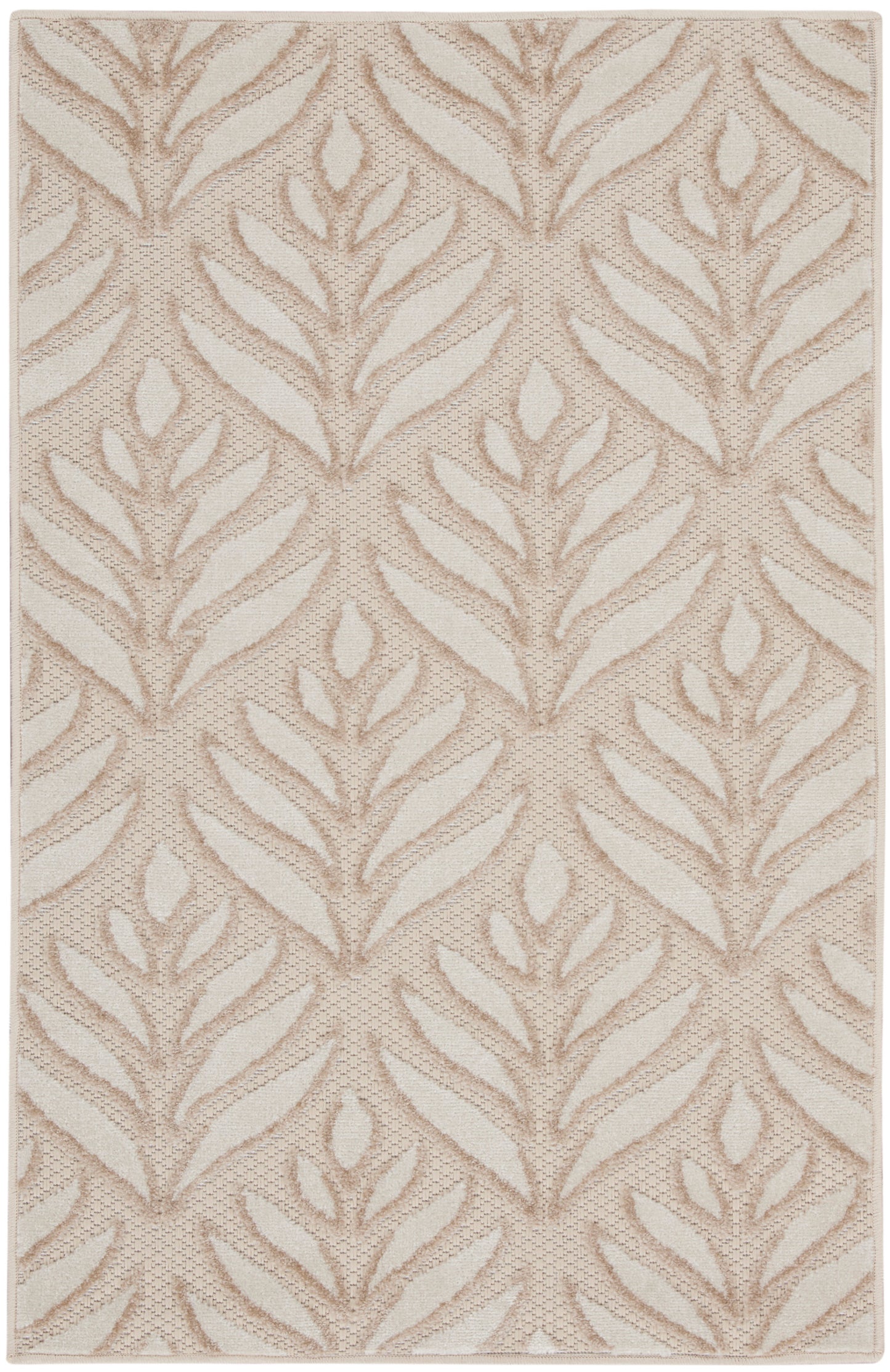 Beige rug with taupe leafy pattern, textured woven pile; rectangular, modern botanical design for living spaces.