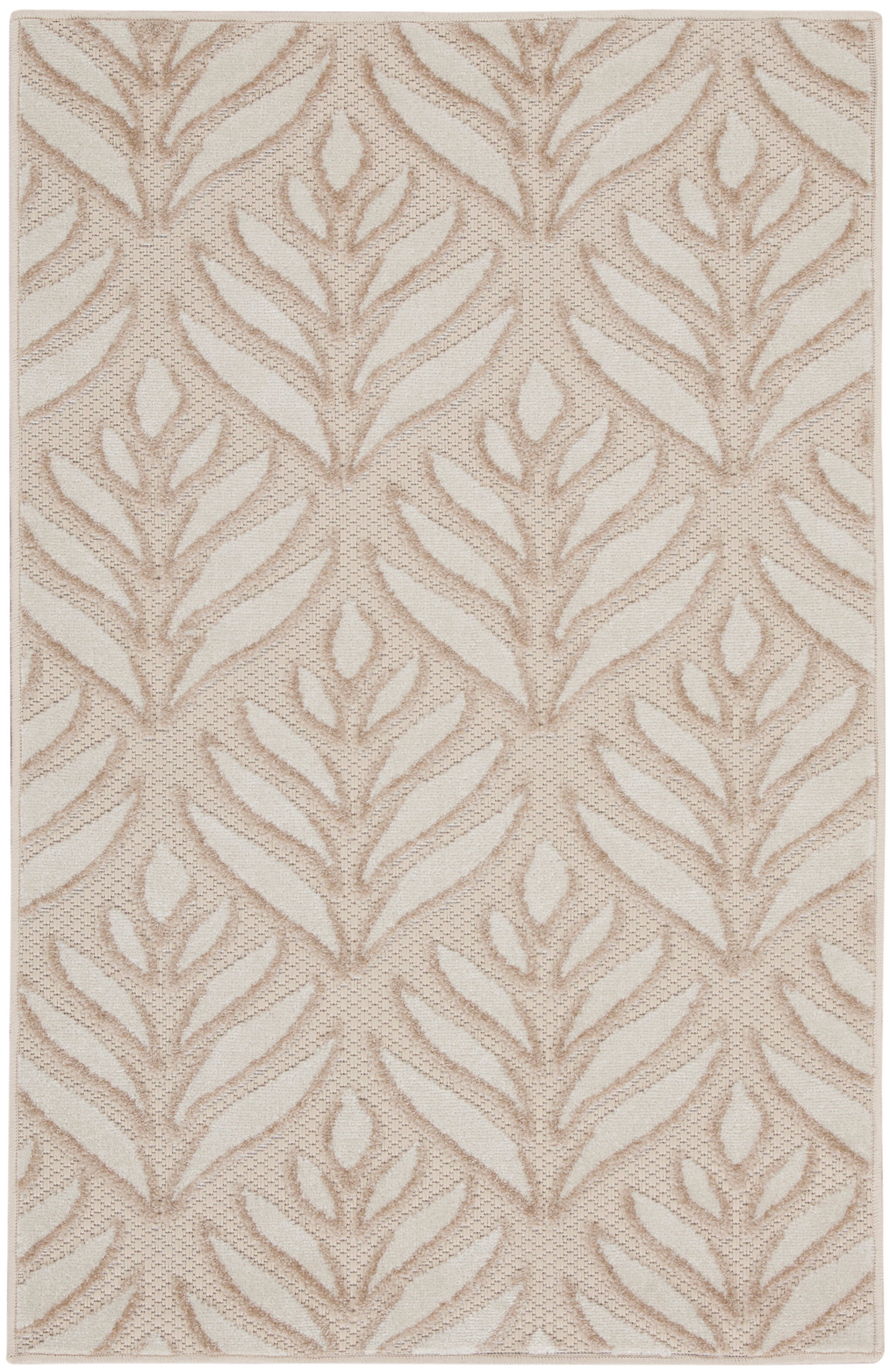 Beige rug with taupe leafy pattern, textured woven pile; rectangular, modern botanical design for living spaces.
