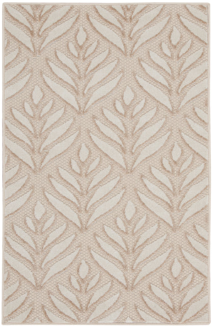 Beige rug with taupe leafy pattern, textured woven pile; rectangular, modern botanical design for living spaces.